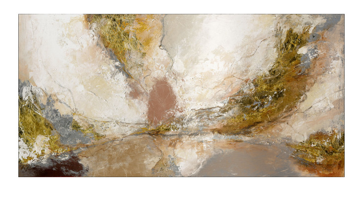 Das Pro-Art Alubild Braun-Silber-Gold (50x100 cm) zeigt abstrakte, wirbelnde Erdtöne in Beige, Braun, Gold und Grau.