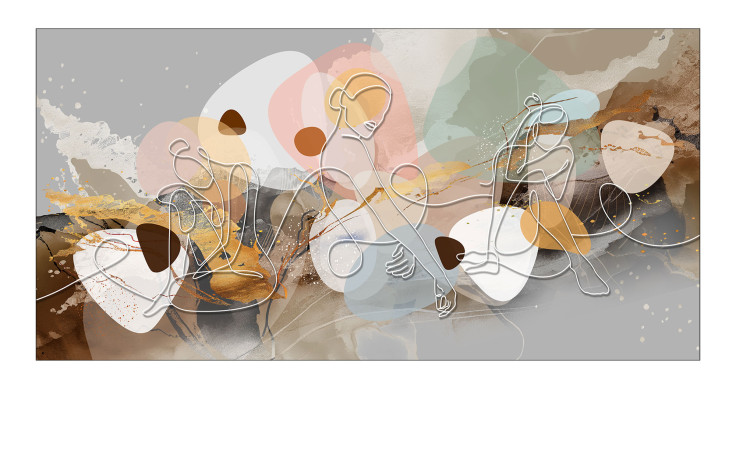 Ein mehrfarbiges Alubild "Line Art Woman" (50x100 cm) von Pro-Art zeigt eine Frau, die auf einem Felsen sitzt.