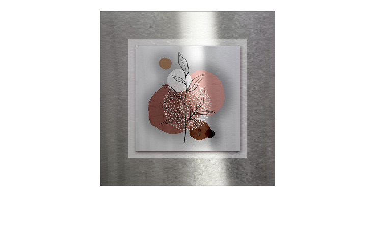 Pro-Art Alubild Line Art Leaves 50 x 50 cm zeigt ein Blatt mit umrissenen Ästen auf bunten Kreisen und metallischem Hintergrund.