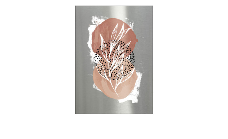 Pro-Art Alubild Line Art Leaves 70x100cm: Abstrakte Wanddekoration mit rosa, braunen und mehrfarbigen Ovalen auf Silber.