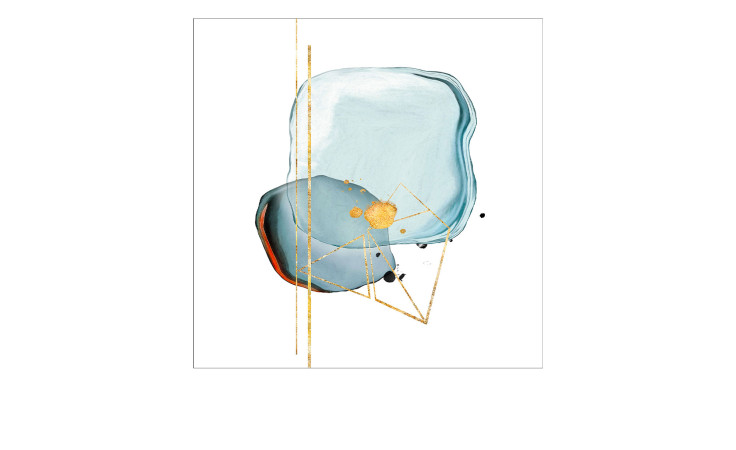 Das Pro-Art Alubild Fine Line and Shapes 50x50 cm zeigt abstrakte mehrfarbige Formen und goldene Metallic-Linien auf Weiß.