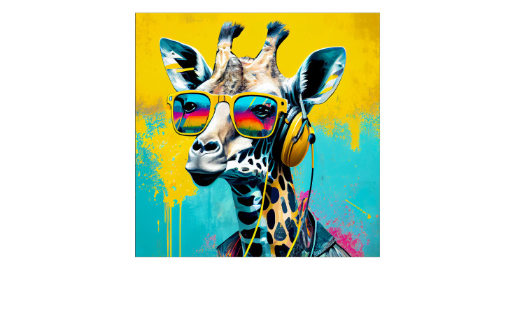 Eine mehrfarbige Giraffe mit Sonnenbrille und gelben Kopfhörern auf blau-gelb, Leinwandbild Animals with Headphones von Pro-Art.