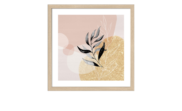 Das Pro-Art Rahmenbild Symbols on Gold 33 x 33 cm zeigt schwarze Blätter, rosa, goldene und mehrfarbige geometrische Formen.