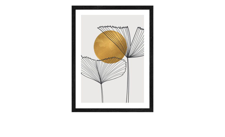 Pro-Art Rahmenbild Blätter in der Sonne 33 x 43 cm: Minimalistischer Kunstdruck mit abstrakten Blättern und einem goldenen Sonnenkreis.