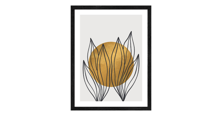 Pro-Art Rahmenbild Blätter in der Sonne 33x43 cm: Minimalistischer Kunstdruck mit goldenem Kreis, schwarzen Blattlinien, schwarzem Glasrahmen.