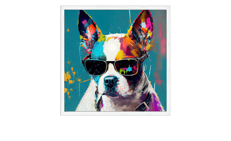 Pro-Art Rahmenbild Hund mit Sonnenbrille 53 x 53: Ein bunter Hund mit Sonnenbrille in einem weißen Holzrahmen auf blaugrünem Hintergrund.