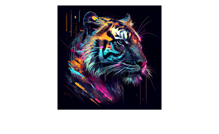 Glasbild Colorful Tiger Head 30 x 30 cm von Pro-Art: Neon-Tigerkopf in Blau, Orange, Gelb & Pink auf dunklem Hintergrund.