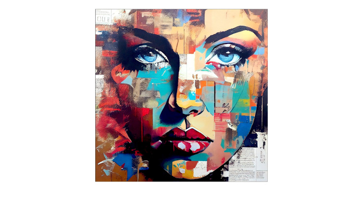 Pro-Art Glasbild Colorful Woman Portrait 30x30 cm zeigt ein Frauengesicht mit kräftigen Farbtönen und markanten blauen Augen.