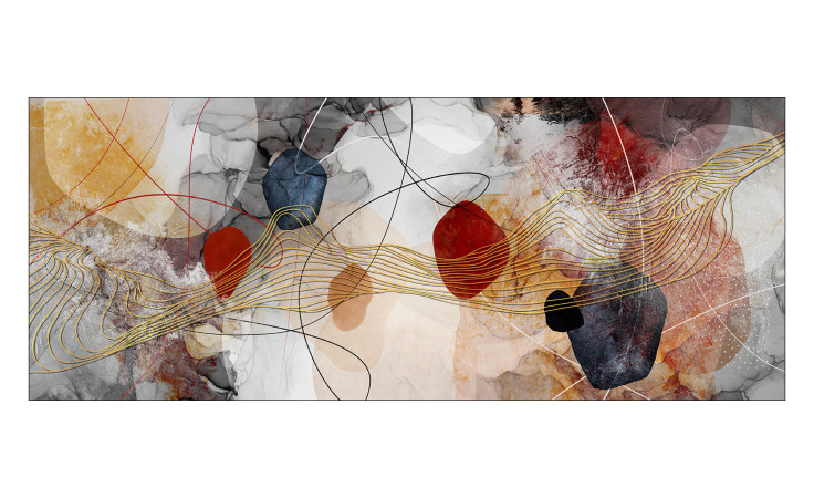 Glasbild Line and Shapes 30 x 80 cm von Pro-Art: kühne dunkle Formen, rote Akzente, goldene Linien und mehrfarbige Texturen.