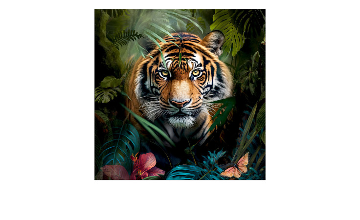 Das Pro-Art Glasbild Tiger in the Jungle 50x50 cm zeigt einen Tiger inmitten bunter Blätter mit einer rosa Blume und einem Schmetterling.