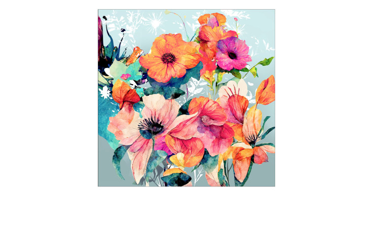 Glasbild Watercolor Flowers 50x50 cm von Pro-Art, mit bunten Blumen und grünen Blättern auf hellblauem Grund.
