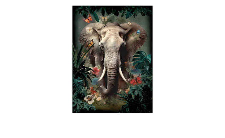 Das Pro-Art Glasbild Elefant im Dschungel 60 x 80 cm zeigt einen farbenfrohen Elefanten inmitten üppiger Blätter und Schmetterlinge.