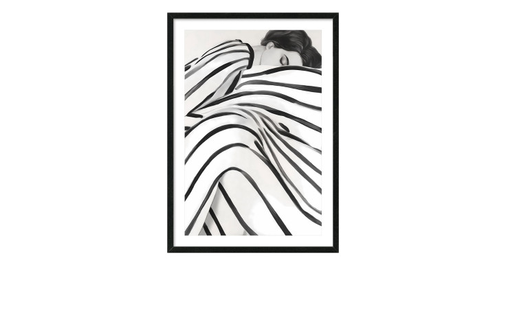 Pro-Art Rahmenbild Sleeping In Stripes 75 x 105 cm: schwarz-weißer Akt mit Wellenstreifen, gerahmt in schwarzem Glas.