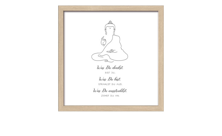 Strichzeichnung eines sitzenden Buddhas mit deutschem Text, gerahmt von Pro-Art in MDF Holzfarben, 28x28 cm (Rahmenbild Namaste).