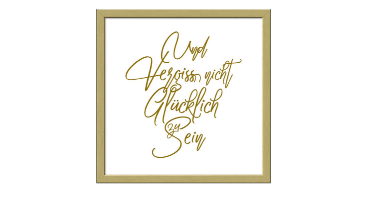 Das Pro-Art Rahmenbild Glücklich Sein 33x33 cm hat einen goldenen, deutschen kursiven Text auf einem weißen Holzkomposit-Hintergrund.