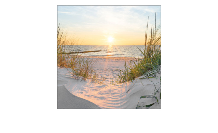 Leinwandbild Beach View 40x40 cm von Pro-Art zeigt einen Strandweg mit Boot bei Sonnenuntergang auf mehrfarbigem MDF.