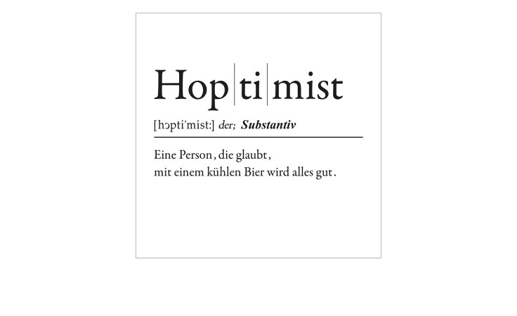 Das Pro-Art Leinwandbild Hoptimist (40 x 40 cm) zeigt ein weißes Quadrat mit "Hoptimist" im Stil eines Wörterbucheintrags, einer humorvollen deutschen Definition, und ist in Weiß Schwarz auf MDF gedruckt - ideal für Ihr Wandregal oder Ihre Hausbar.