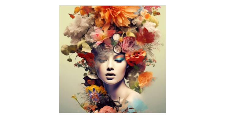 Eine Frau mit Blumen im Haar und kräftigem Make-up auf dem Pro-Art Glasbild Flowers On Her Head 30 x 30 cm.