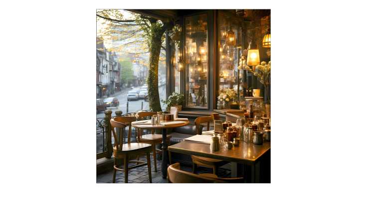 Gemütliches Café mit Pro-Art Glasbild Little Street Cafe I, 30x30 cm, bunten Glasakzenten und warmen Holztischen.