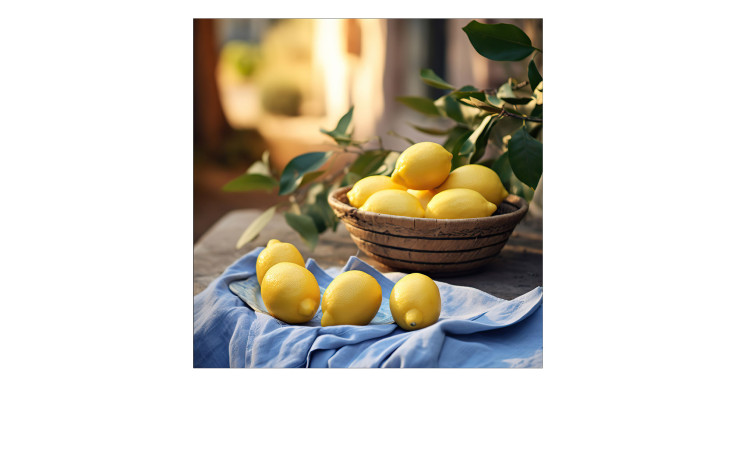 Das Pro-Art Glasbild Lemons III 30 x 30 cm zeigt Zitronen auf einem blauen Tuch, ideal für die Dekoration Ihres Tisches im Freien.