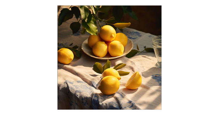 Das Pro-Art Glasbild Lemons IV 30x30 cm zeigt bunte Zitronen und Blätter neben einem Glas Wasser auf einem sonnenbeschienenen Tischtuch.