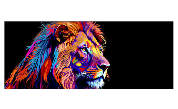Das Pro-Art Glasbild Colorful Lion Head V (50x125 cm) zeigt einen abstrakten Löwenkopf auf schwarzem Hintergrund.