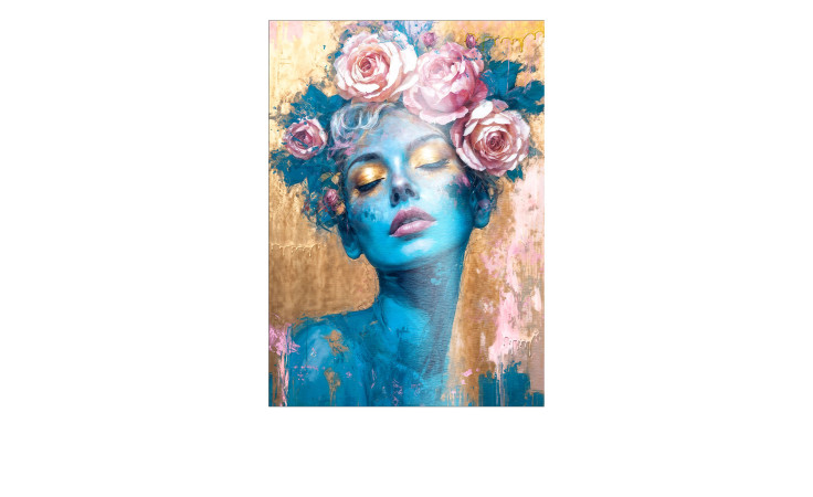 Pro-Art Alubild Blumen auf blauem Gesicht II 70x100 cm: Blauhäutige Frau mit geschlossenen Augen, rosa Rosen und goldenen Akzenten.