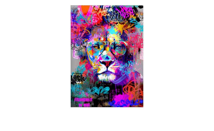 Alubild Graffiti Lion 70 x 100 cm von Pro-Art: Bunter Löwe mit Brille aus Aluminium, moderne Wanddekoration.