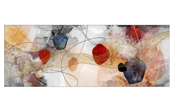 Pro-Art Leinwandbild Lines And Shapes IX 27x77 cm: rote, marineblaue und goldene Formen auf strukturiertem mehrfarbigem MDF.