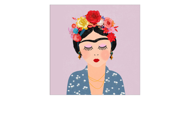 Pro-Art Glasbild Frida Kahlo II (50x50 cm): Frau mit geschlossenen Augen, geblümter Kopfbedeckung und blauem Kleid auf violettem Hintergrund.