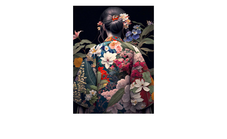 Eine Frau mit Blumen im Haar trägt einen geblümten Kimono auf dem Wandbild Glasbild Geisha V 80 x 60 cm von Pro-Art.