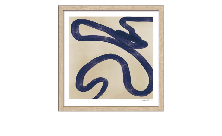 Pro-Art Rahmenbild Abstrakte Formen und Linien II (32,5 x 32,5 cm) mit dunkelblauer Linie auf beigem, hellem Holzrahmen.