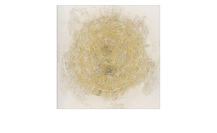 Ein strukturierter goldener Kreis strahlt auf dem Handpainting Minimal-Abstract-Gold III von Pro-Art, 100x100cm - ein ideales beige-goldenes Dekor.