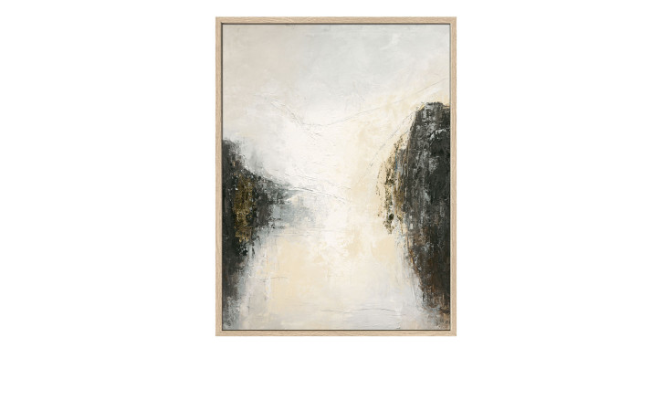Pro-Art Handpainting Minimal-Art II 120 x 90 cm: strukturierte weiße, cremefarbene und braune Formen in einem Rahmen aus hellem MDF-Holz.