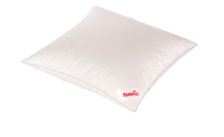 Das Paradies Federkissen Sinfonie fest 80x80 cm, weiß mit einem kleinen roten Logo in einer Ecke, abgebildet auf weißem Hintergrund.