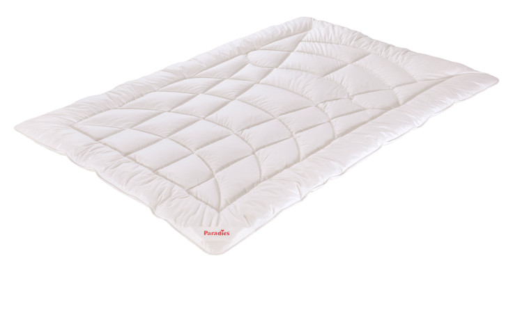 Ein Paradies Steppbett Dala Bio 200x200 cm mit geschwungenen und rautenförmigen Nähten liegt flach auf einem weißen Hintergrund.