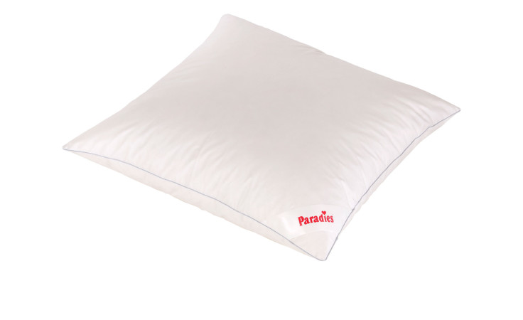 Das Paradies 3-Kammerkissen Nani 90, 80x80 cm, weiß mit rotem "Paradies"-Logo in einer Ecke, auf weißem Untergrund.