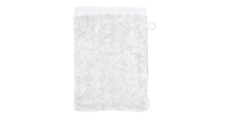 Der Ross Waschhandschuh Sinfonie 16 x 22 cm, weißes Baumwollfrottee mit Aufhängeschlaufe, ist auf einem einfarbigen Hintergrund abgebildet.