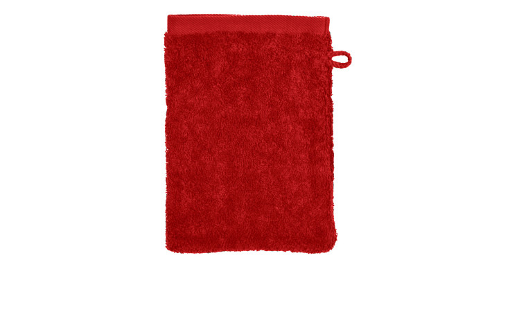 Der Ross Waschhandschuh Sinfonie 16x22cm in roter Baumwolle mit Schlaufe wird vor einem weißen Hintergrund gezeigt.