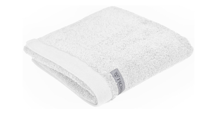 Ein gefaltetes, hellgraues Ross Handtuch Sinfonie 50 x 100 cm mit weißem Rand und einem kleinen Stoffetikett am Rand.