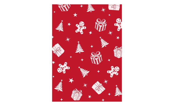 Rotes Geschirrtuch 50 x 70 cm Geschenkpapier mit weißen Bäumen, Geschenken, Lebkuchenmännern & Sternen in einem festlichen Muster.