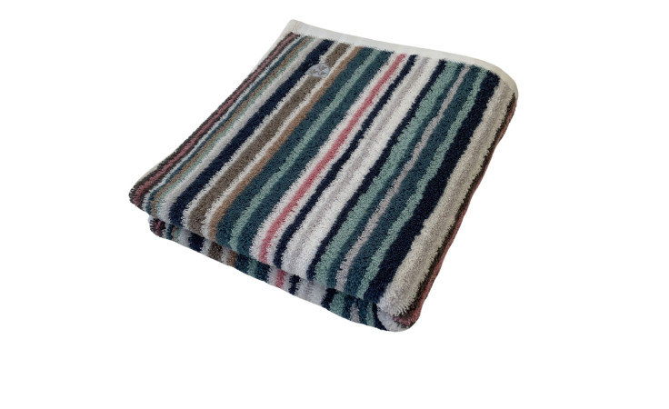 Das Ross Handtuch Vita 50 x 100 cm ist ein gefaltetes Baumwollhandtuch mit mehrfarbigen Streifen, darunter grün, auf weiß.