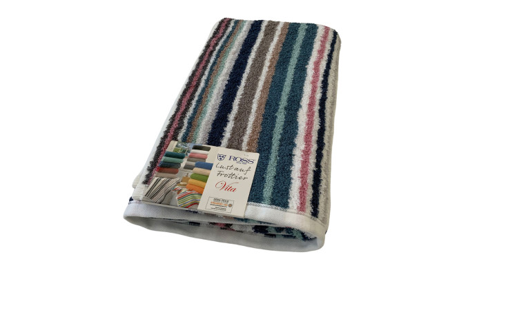Gefaltetes Handtuch Ross Duschtuch Vita 70x140 cm in blau, braun, rosa, weiß gestreift auf weißem Grund.