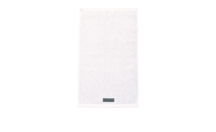 Das Gästetuch BIO Selection 30x50 cm von Ross in Weiß mit schwarzem Label vor weißem Hintergrund.