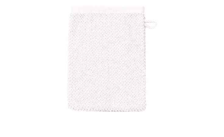 Ein weißer Ross Waschhandschuh BIO Selection 16x21cm mit Aufhängeschlaufe vor weißem Hintergrund.