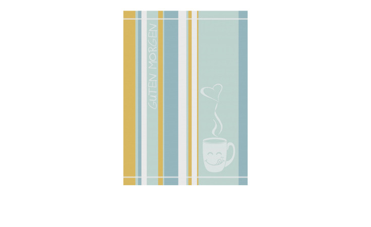 Geschirrtuch 50 x 70 cm in türkis und gelb mit Streifen und Aufschrift.