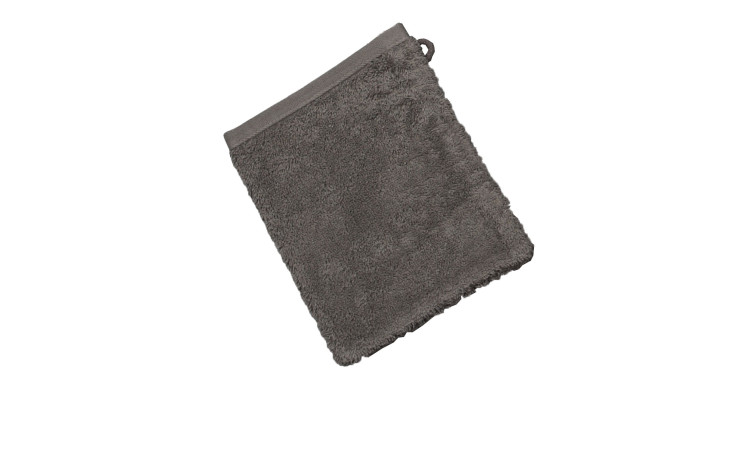 Grauer Waschhandschuh Vita 16x21 cm aus Baumwolle von Ross mit Aufhängeschlaufe, isoliert vor weißem Hintergrund.