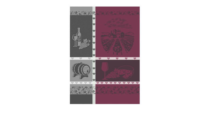 Ross Geschirrtuch 50x70 cm mit Weinberg-, Käse- & Fass-Motiven auf burgunder-, grau- und hellgrauem Hintergrund.