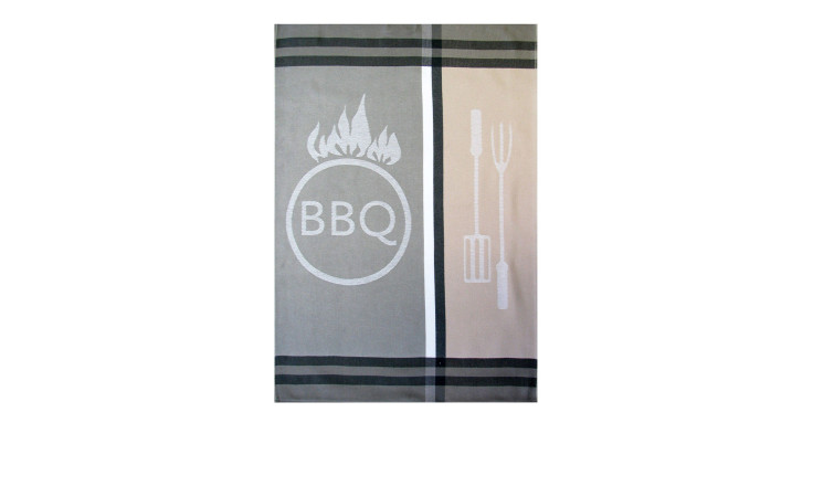 Ross Geschirrtuch 50x70 cm, beige-grau mit BBQ-Text, Flammen, Gabel und Spatel in Schwarz.