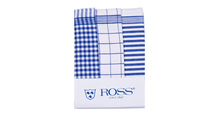 Drei gefaltete Ross Geschirrtücher 50x70 cm, 3er-Pack, kariert/gestreift mit Ross since 1897 Etikett am Boden.